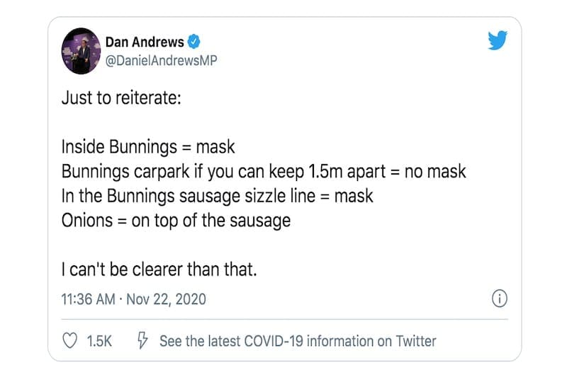 Dan Andrews on Vic mask wearing via Twitter - Travel Monitor